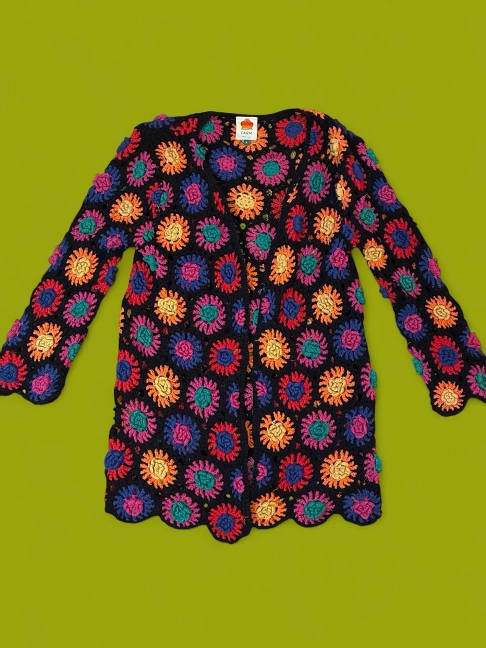 Farm Rio crochet knit granny square cardigan/duster.